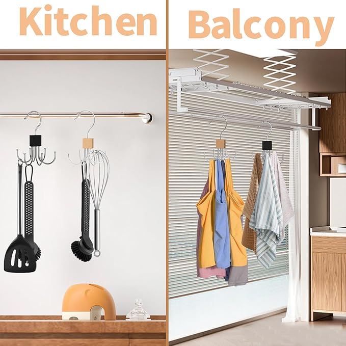 2pcs 360° Rotating 6-Claw Multi-Function Hook Closet Hanging Organizer Hangers for Clothes Hats Scarves Belts, Stainless Steel Rotary Hook Hanger for Kitchen Bathroom Office Home Storage Rack (Black)