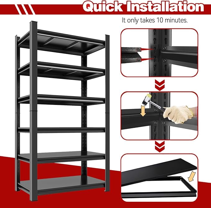 6-Tier Heavy Duty Shelving Unit, Garage Storage Shelves, Adjustable Shelf, 3000lbs Capacity, 45 Inch Wide Metal Storage Rack for Garage, Basement, Pantry, Kitchen, 77" H x 45" W x 18" D, Black
