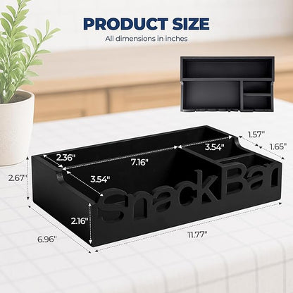 Snack Bar Organizer – Black 4 Compartment Station, Countertop Pantry Organizer for Kitchen, Office Food Holder, Candy Storage Bin, Display Stand, Cabinet Tray & Shelf