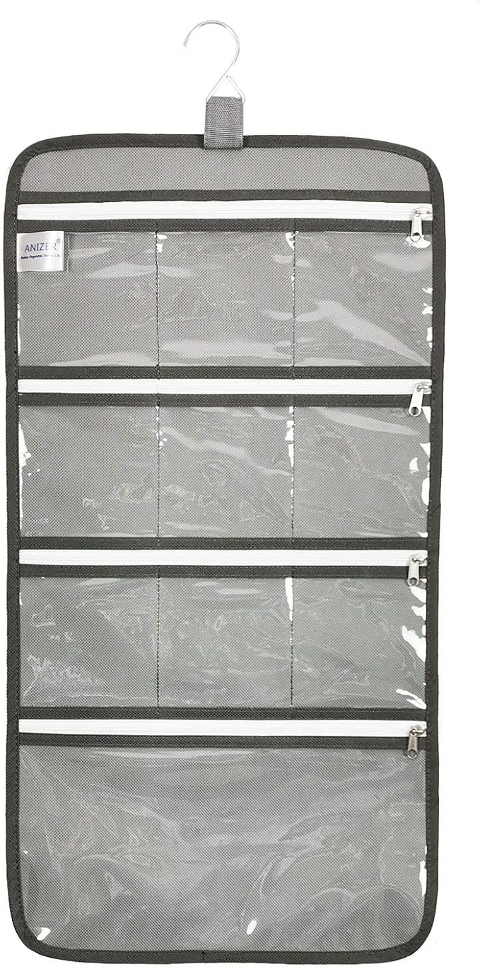 Hanging Jewelry Organizer with 10 Zippered Clear Pockets for Travel Suitcase and Home Closet Jewelry Storage Bag (GREY)