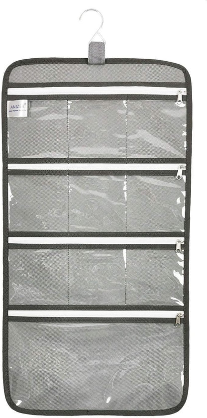 Hanging Jewelry Organizer with 10 Zippered Clear Pockets for Travel Suitcase and Home Closet Jewelry Storage Bag (GREY)