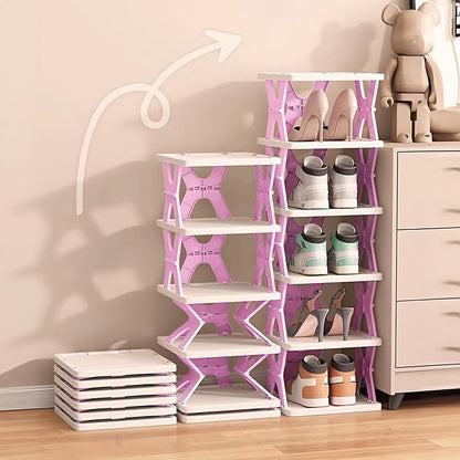 XDMTWLKJ Collapsible Shoe Rack Organizer 6 Tiers-Foldable Shoe Storage for Closet, Space-Saving Kid's Shoe Racks, No Assembly Shoe Shelves for Entryway, Living Room, Bedroom