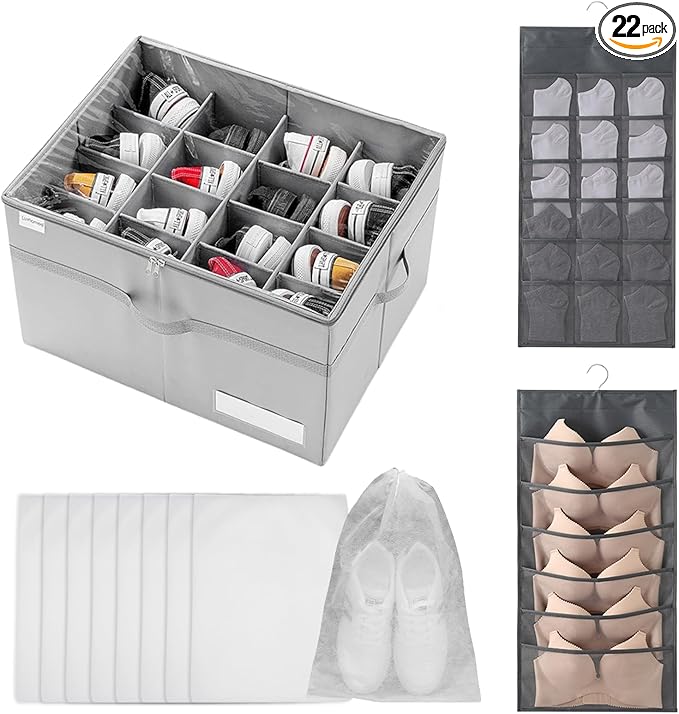Shoe Organizer for Closet, Large Storage Box with 16 Compartments, Clear Vinyl Cover, Foldable, Heavy Duty, 21x16.5x13 Inches, Gray