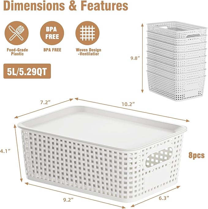 8 Pcs Plastic Storage Baskets with Plastic Lids and Labels 5.29qt Stackable Box Basket Pantry Decorative Containers, Small Storage Bins for Desktop Shelves Drawers Closets Office Cabinets 10*7.2*4.1"