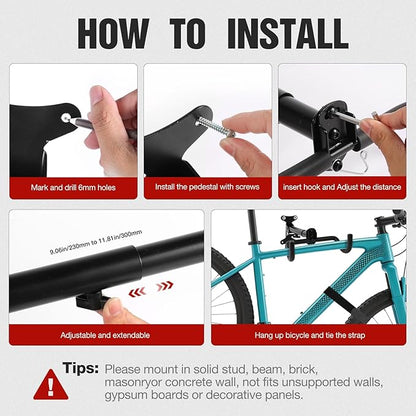 Bike Wall Mount Hanger - Adjustable Horizontal Bicycle Rack | Wall-Mounted Bike Hook for Road, Mountain & Hybrid Bikes | Space-Saving Bike Rack for Garage or Indoor Storage