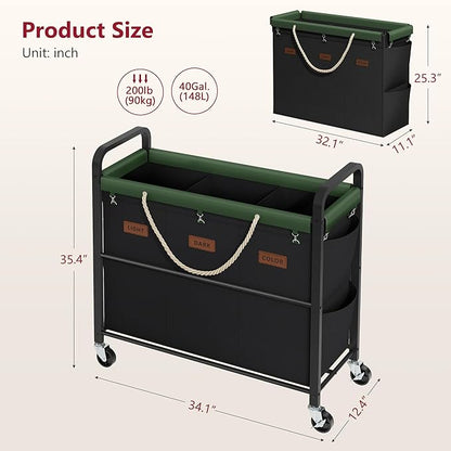 Tajsoon 148L Large Laundry Sorter 3 Section, Laundry Hamper with Heavy Duty Lockable Wheels, Rolling Laundry Basket with Super Sturdy Metal Frame and Handle, Removable Bags & Leather Patchwork, Black