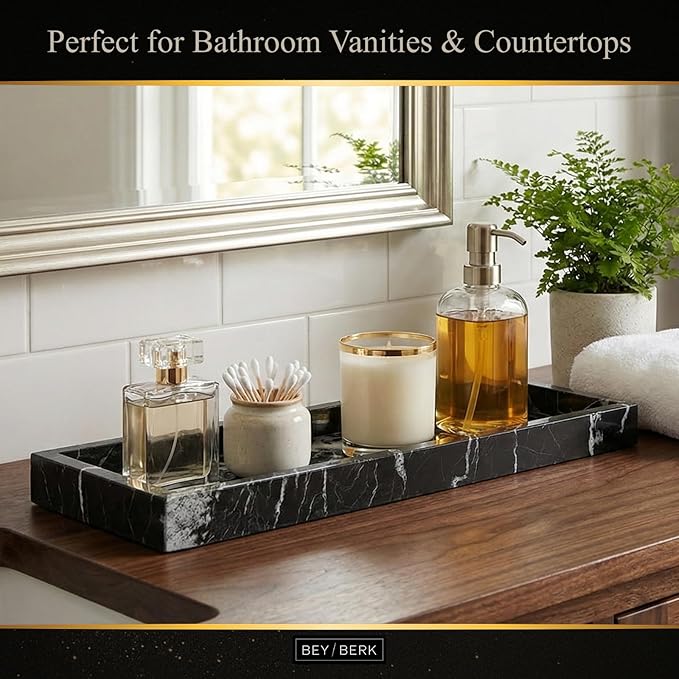 Bey-Berk Atticus Black Zebra Marble Bath Tray, 14.25" Rectangular Vanity Organizer, Bold Stone Accent