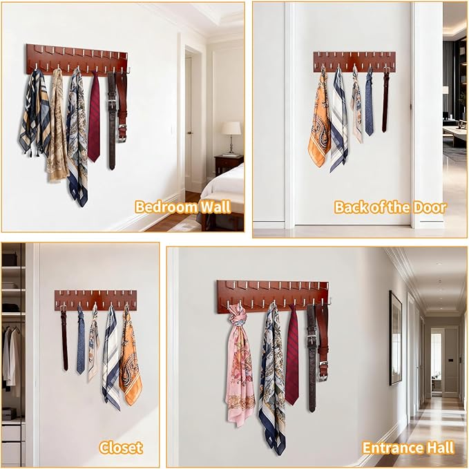 Belt Organizer Holder Wooden Belt Hanger for Closet Wall Mount Belt Storage Rack Tie Bra Scarf Hanger Holds Over 40 Large Belts (Brown)