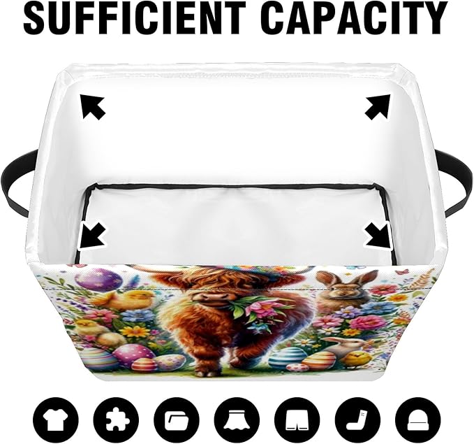 Highland Cow Easter Rabbit Chicken Storage Basket Large Foldable Storage Bin Cube Collapsible Organizer for Pantry Bedroom Decor
