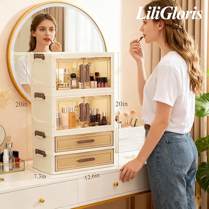 Makeup Organizer with Drawers & Compartments, Modular Stackable Cosmetic Skincare & Jewelry Storage Box, Vanity Organizer with Magnetic Closure for Bathroom, Office, Dorm