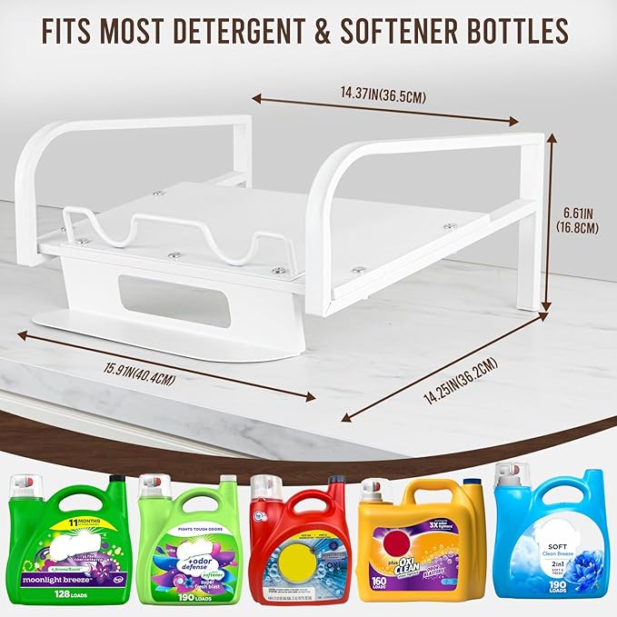 PUERSI Laundry Detergent Holder Stand with Drip Tray, Laundry Soap Holder Liquid Detergent Riser Organizer for Laundry Room, White