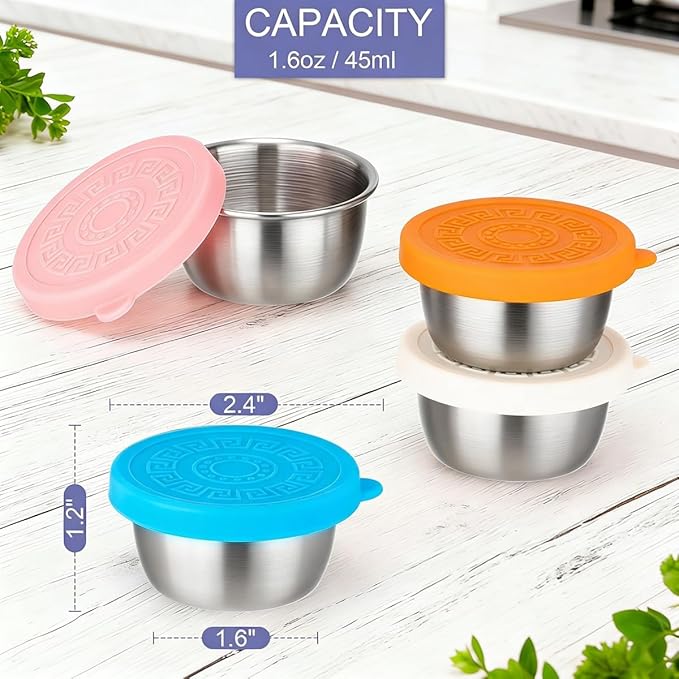10 Pack 1.6 Oz Salad Dressing Containers To Go, Stainless Steel Small Condiment Containers with Lids, Reusable Leakproof Sauce Container Cups for Lunch Bento Box Picnic & Travel