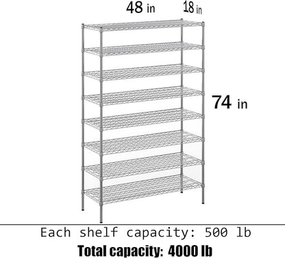 18" Deep x 48" Wide x 74" Height Wire Shelving Kit | 8-Tier | NSF Commercial Storage Rack Unit