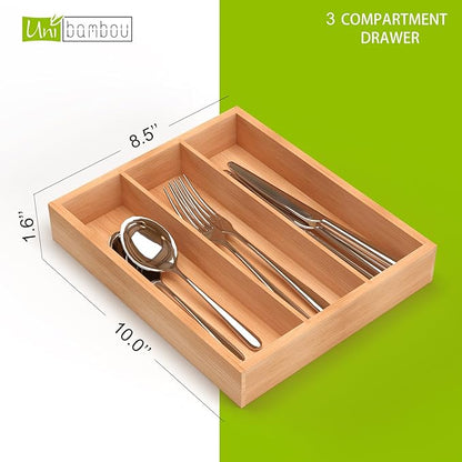 Unibambou Bamboo Utensil Drawer Organizer, Silverware Tray Organizer, Kitchen Drawer Organizer for Flatware Cutlery, (Natural, 3 Slots)