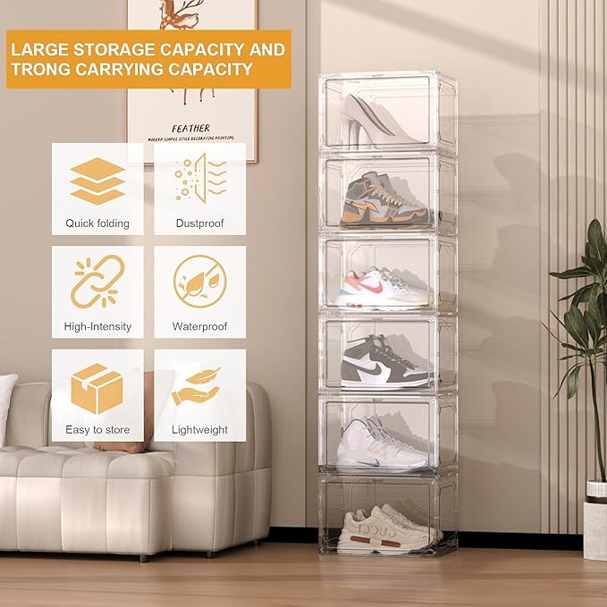 Shoe Box,Set of 6,Stackable Plastic Clear Shoe Box Organizer with Magnetic Door,Shoe Storage Box Thicken Sturdy,Easy Assembly,Fit up to US Size(Side opening door, Clear)