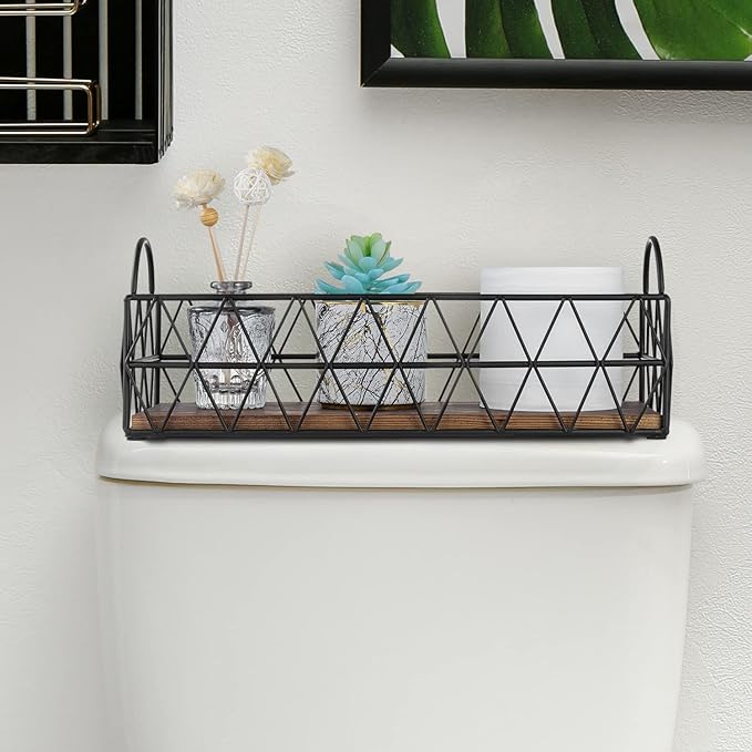 MyGift 16 Inch Deluxe Black Metal Toilet Tank Tray with Geometric Wire Design and Burnt Wood Base, Bathroom Vanity Toiletry Storage Organizer Tray with Handles