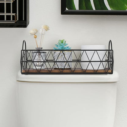 MyGift 16 Inch Deluxe Black Metal Toilet Tank Tray with Geometric Wire Design and Burnt Wood Base, Bathroom Vanity Toiletry Storage Organizer Tray with Handles