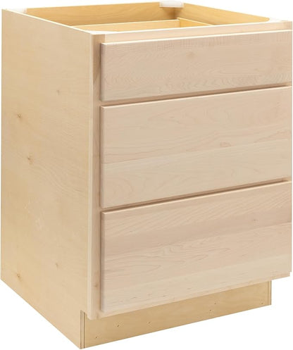 Quicklock RTA (Ready-to-Assemble) | Base Kitchen Cabinets - Shaker Style | Made in America (Raw Maple, 24" W x 34.5" H x 24" D 3 Drawer Pots and Pans)