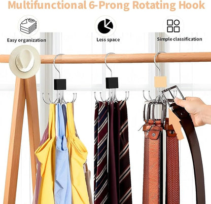 2pcs 360° Rotating 6-Claw Multi-Function Hook Closet Hanging Organizer Hangers for Clothes Hats Scarves Belts, Stainless Steel Rotary Hook Hanger for Kitchen Bathroom Office Home Storage Rack (Black)