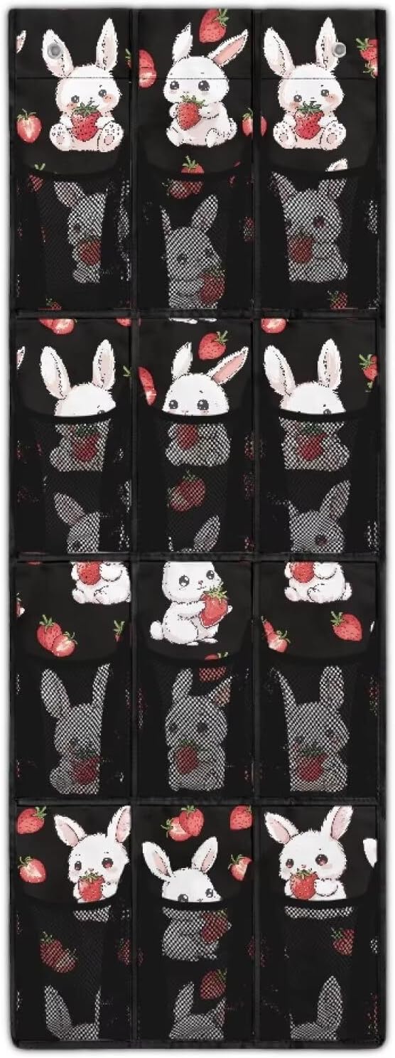 Cute Bunny Door Hanger Organizer 12 Pockets Over The Door Shoe Organizer for Room Black Wall Hanging Storage Mesh Fabric Multi-Funtion Storage Bag for Living Room