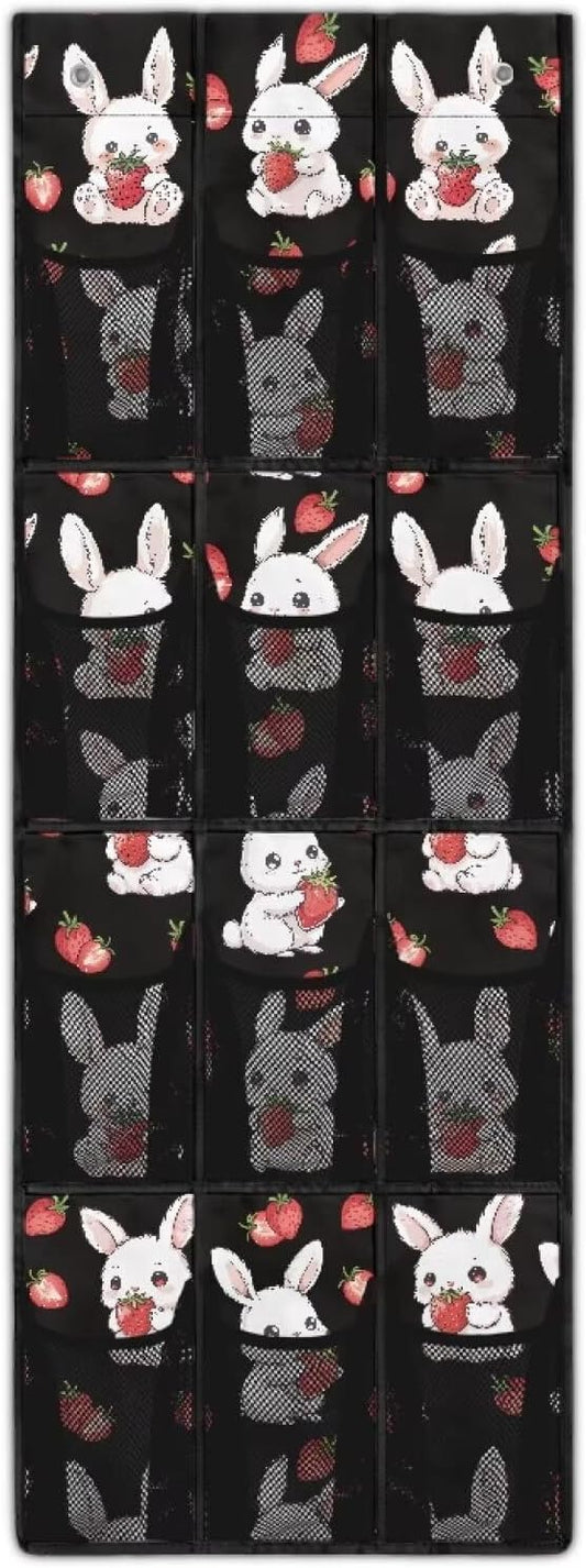 Cute Bunny Door Hanger Organizer 12 Pockets Over The Door Shoe Organizer for Room Black Wall Hanging Storage Mesh Fabric Multi-Funtion Storage Bag for Living Room