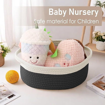 JMvicyroam Woven Basket,Small Rope Storage Bin with Handles & Ribbon Bag, Organizer for Shelves Closets,Gift Basket Empty for Birthday,Books,Dog Toys, White&Black
