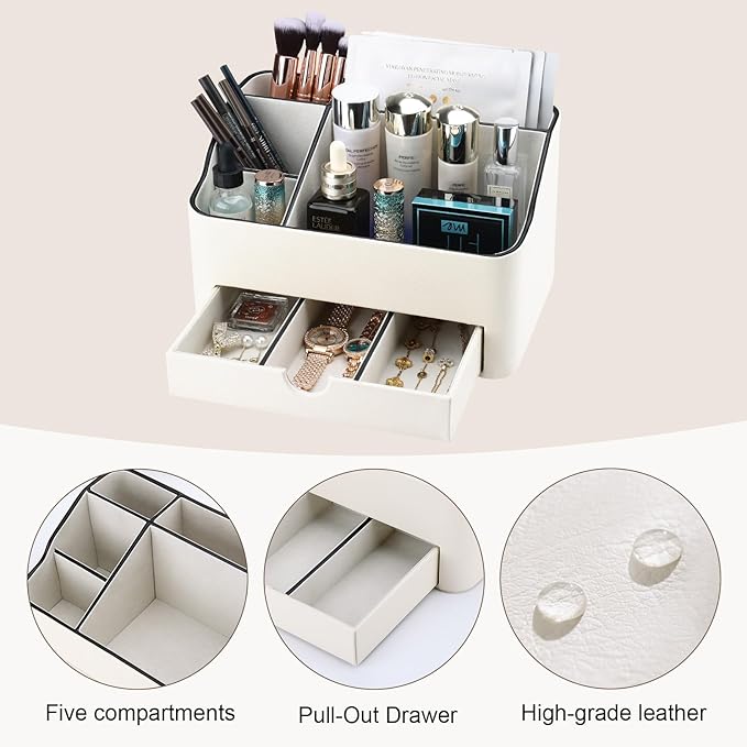 KINGFOM PU Leather Makeup Organizer with Drawer, Skincare Organizer for Vanity, Cosmetic Storage for Dresser Countertop, Beauty Holder for Lipstick Brush Skincare (Ivory White)