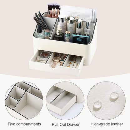 KINGFOM PU Leather Makeup Organizer with Drawer, Skincare Organizer for Vanity, Cosmetic Storage for Dresser Countertop, Beauty Holder for Lipstick Brush Skincare (Ivory White)