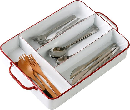Silverware Drawer Organizer Tray with 4 Slots Farmhouse Kitchen Cutlery Tray for Utensils, Spoons, Knives, Forks, Metal Flatware Holder White with Red Trim
