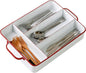 Silverware Drawer Organizer Tray with 4 Slots Farmhouse Kitchen Cutlery Tray for Utensils, Spoons, Knives, Forks, Metal Flatware Holder White with Red Trim