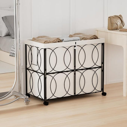 Laundry Hamper with 3 Section, Large 180L Rolling Laundry Basket with Wheels, Metal Heavy Duty Laundry Hamper with Detachable Bags, Dirty Clothes Hamper Organizer for Bedroom, Bathroom(Beige)