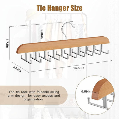 Tie Rack Hanger for Closet, 2 in 1 Belt Tie Hangers with 20 Folding Hooks, 360 Degree Rotating Wooden Tie Holder Organizer for Men Ties Belts Scarves Tank Tops Accessories, Wood (2 Pack)