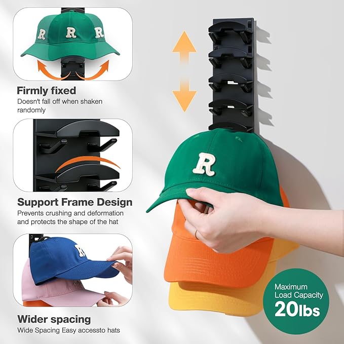 2 Pack Hat Organizer for Baseball Caps, Hat Rack for Wall with Strong Adhesive, Hold Up to 16 Hats, Hat Rack for Door Closet, Multi-Tier Hat Organizer, Two Mounting Options (Black)