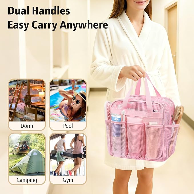 F-color Mesh Shower Caddy Portable with Zipper - Upgrade Deeper 7 Pockets Dorm Room Essentials for Guys Girls with S Hook, Shower Bag Basket Tote for College Camping Toiletry Bathroom, Pink