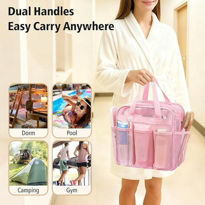 F-color Mesh Shower Caddy Portable with Zipper - Upgrade Deeper 7 Pockets Dorm Room Essentials for Guys Girls with S Hook, Shower Bag Basket Tote for College Camping Toiletry Bathroom, Pink