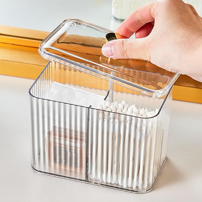 Qtips Holder Bathroom Container, 3-Section Bathroom Organizer Dispenser ,3 Grids Cotton Ball/Swab/Pad Holder ,Jar Organizer Cosmetics Storage for Vanity Clear