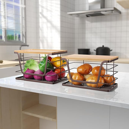 ALOCEO 2 Pack Stackable Wire Storage Basket with Bamboo Lip, Trash Bag Dispenser Under Sink for 4-13 Gal Bags, Kitchen Storage Bins for Potato and Onion, Brown