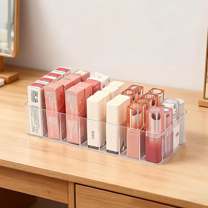 2 Pack Clear Acrylic Makeup Organizers, 7-Section Bathroom Organizer for Drawer, Cosmetic Display Cases, Blushes Highlighters Eyeshadow Powder Makeup Organizer Holder Storage