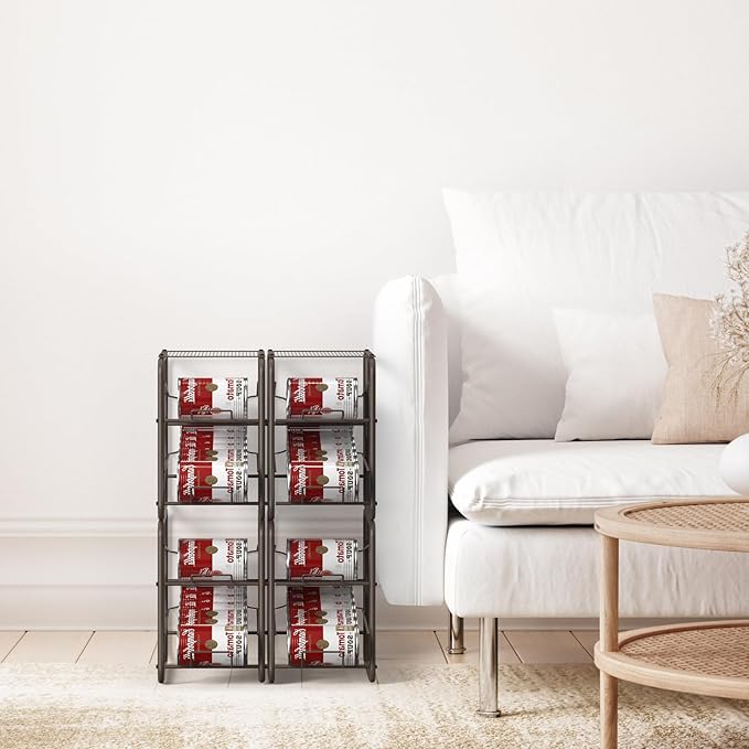 4 Pack Soda Can Organizer, Stackable Metal Can Dispenser for Pantry, Automatic Rolling Canned Food Organizer for Cabinet and Countertop, Brown.