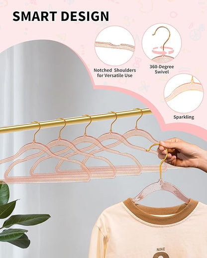 HGYZE Kids Hangers for Baby Clothes, 50pcs Toddler Hangers with 360° Swivel Golden Hook, 12.5" Acrylic Glitter Hangers, Pink Sparkling Hangar with Glitter for Infant Girl Dresses Coat Sweater Nursery