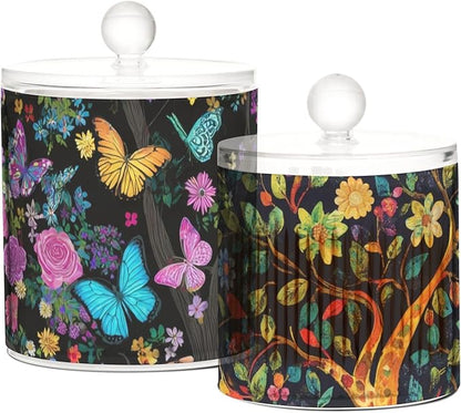 2 Pack Qtip Dispenser Apothecary Jars with Lids Cotton Round Holder Bathroom Canisters for Cotton Swab Floss Ball Pads Clear Plastic Decorative Rose Flower Butterfly Tree Black