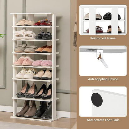 Giantex 8-Tier Wooden Shoe Rack, Patented Double Row Shoe Organizer for 16 Pairs, Customizable Height, Space-Saving Shoe Storage Stand for Entryway, Hallway, Living Room, Bedroom (White, Double)