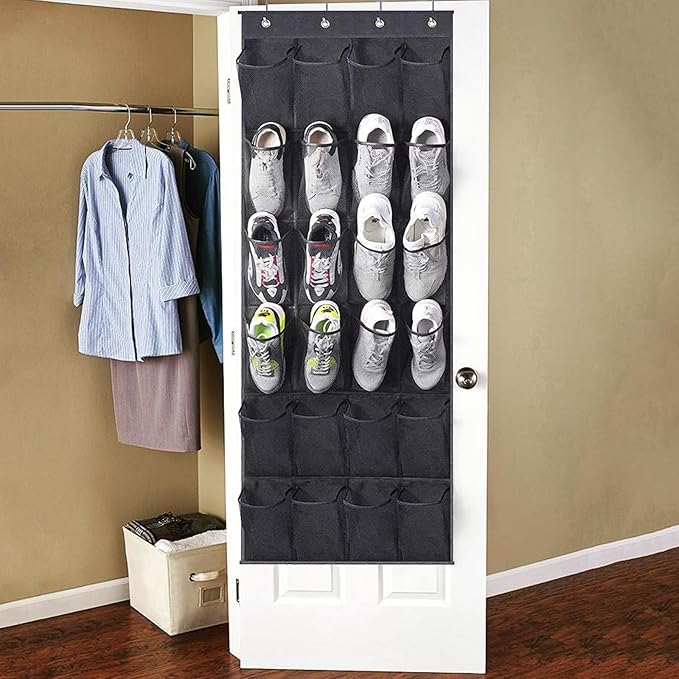 Over the Door Shoe Organizer, 24 Mesh Pockets with Ventilated Design, Space Saving Storage for Shoes Accessories Bathroom Pantry