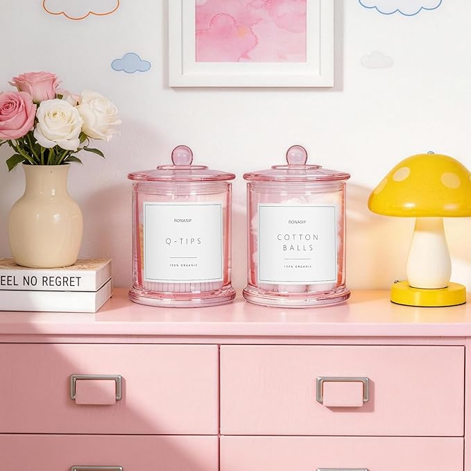 Ronasip Qtip Holder & Cotton Pad Dispenser, Bathroom Organizer and Storage Canisters, 16oz Glass Apothecary Jars for Kitchen, Restroom - Home Decor Accessories, Room Decor Aesthetic (2 Pack, Pink)