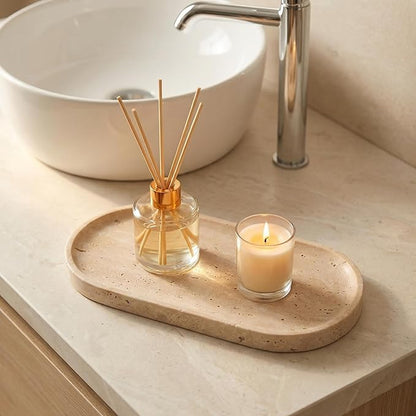 Beige Travertine Vanity Tray | Natural Stone Bathroom Organizer | Perfume & Jewelry Storage for Spa, Bedroom, Kitchen | Non-Slip Waterproof Design,9.8"x4.7"x0.6"