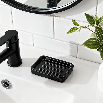 Ceramic Soap Dish with Raised Ridges, Rectangle Soap Tray, Decorative Soap Holder for Bathroom Counter, Shower and Kitchen Sink, Black