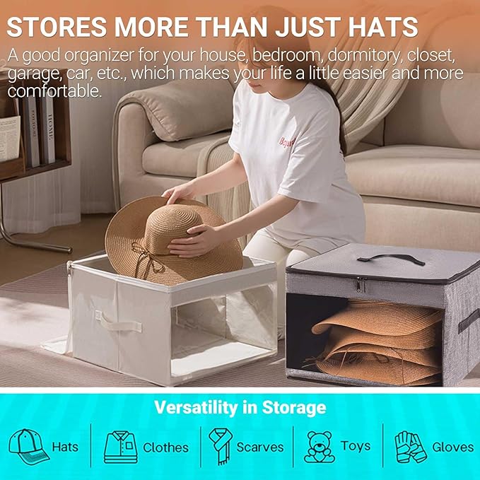 FAYYGYH Cowboy Hat Box 2Pcs Square Caps Case Bin with Handles Carry Collapsible Stackable for Travel Closet Organizers and Storage (Grey)