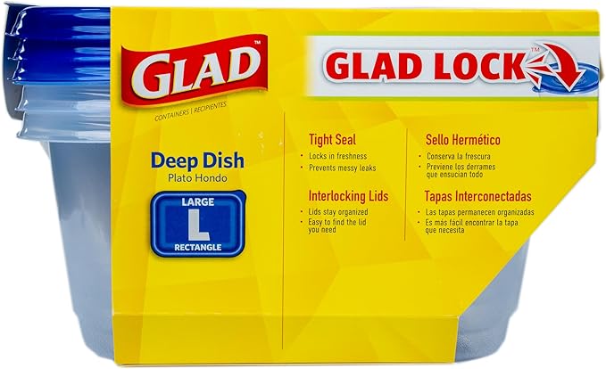 Glad GladWare Deep Dish Food Storage Containers with Lids, Large Rectangle BPA Free Plastic for Soups Salads and Meal Prep, Lock Tight Seal, Microwave Dishwasher Safe, 64 Oz, 3 Count