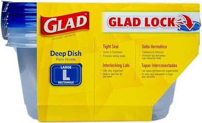 Glad GladWare Deep Dish Food Storage Containers with Lids, Large Rectangle BPA Free Plastic for Soups Salads and Meal Prep, Lock Tight Seal, Microwave Dishwasher Safe, 64 Oz, 3 Count