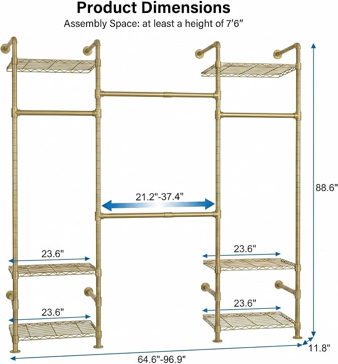 Wall Mounted Closet System – Adjustable Clothing Rack with 4 Expandable Rods & 6 Shelves, Heavy Duty Industrial Pipe Clothes Rack for Closet Organizer and Storage, Gold
